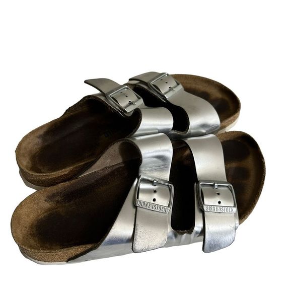 Birkenstock Shoes - Birkenstock Arizona Soft Footbed Sandals Flats Metallic Silver Size 40
